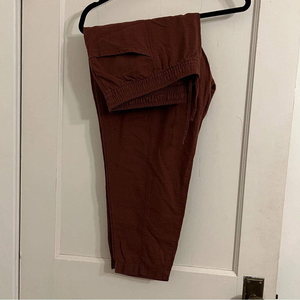 Rust linen crop logger tie waist pants